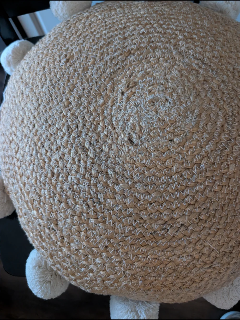 Bohemian Large Round Woven Jute Pillow With Pom Poms